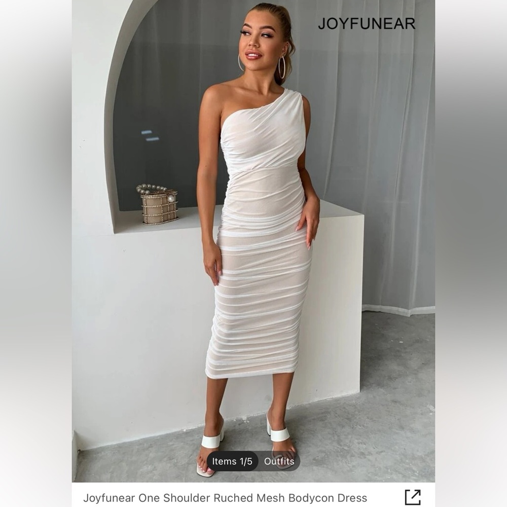 White one shoulder ruched mesh bodycon dress. Brand new. Never worn. Size small